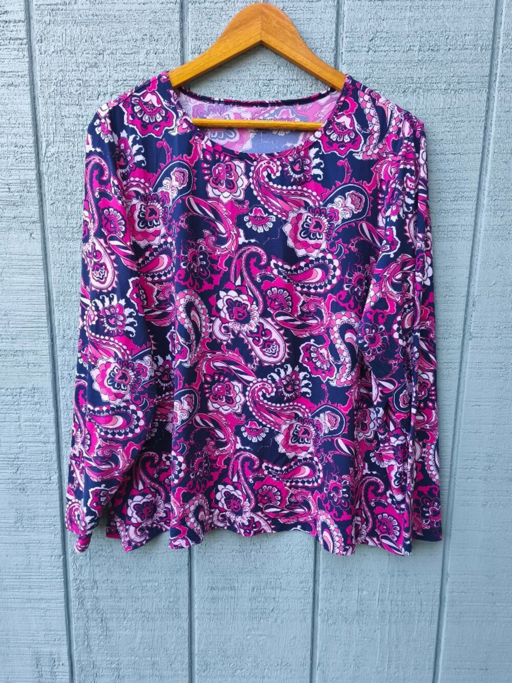 Lands End Sunshade UPF 50 Long Sleeve Paisley Rash Guard sz 2X Navy Pink Beach
